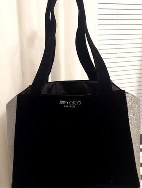 Jimmy Choo Black Velvet Tote with Silver Glitter Panels NWOT